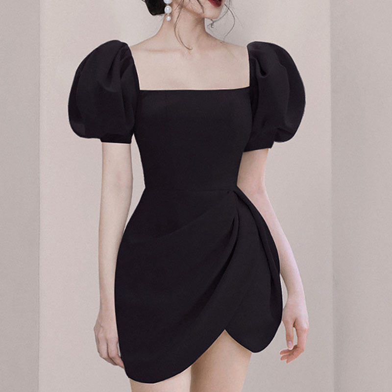 Elegant Fashion Vintage Dress Women Summer Puff Sleeve High Waist Ruched Slim Short Party Female Vestidos 210519
