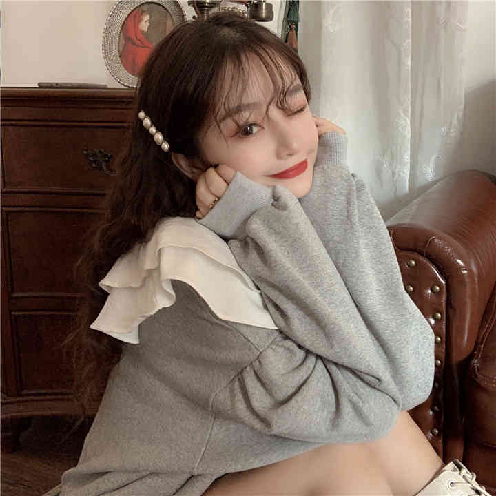 Nomikuma Women Sweatshirt Double Ruffle Peter Pan Collar Sweet Pullover Tops Autumn Korean Causal Long Sleeve Hoodie 6C246 210427