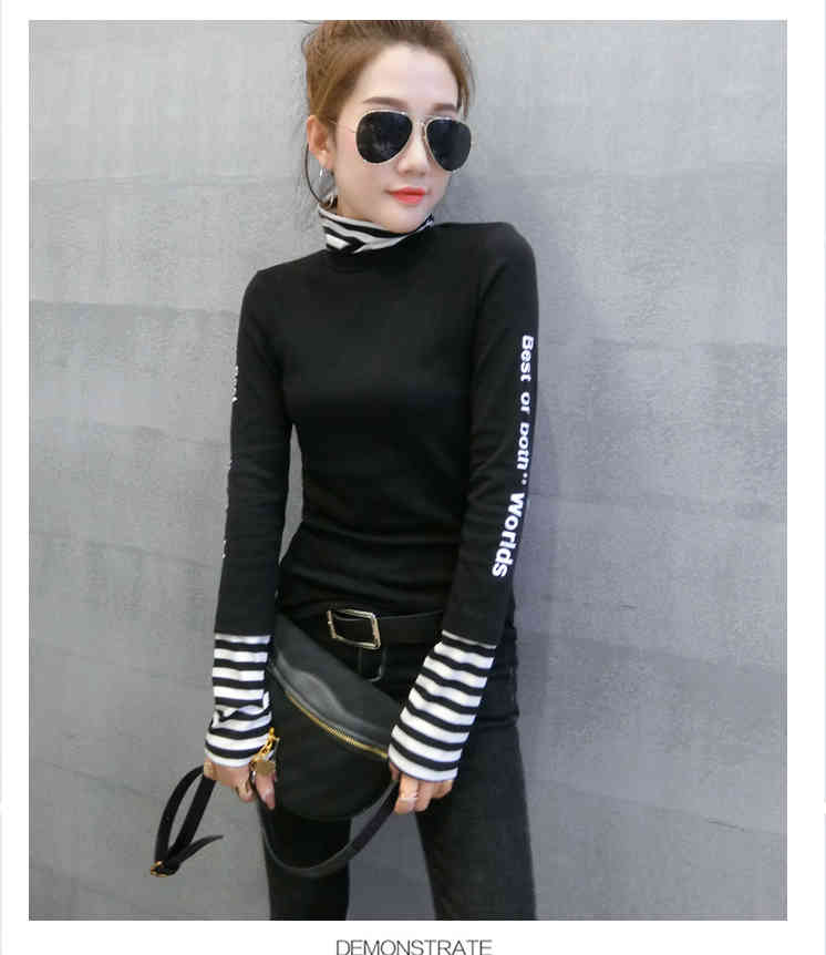 European Fashion Patchwork Striped Thick Broshed Tshirt Autumn Winter Long Sleeve Top Clothes Camiseta Mujer Shirt T97311 210406