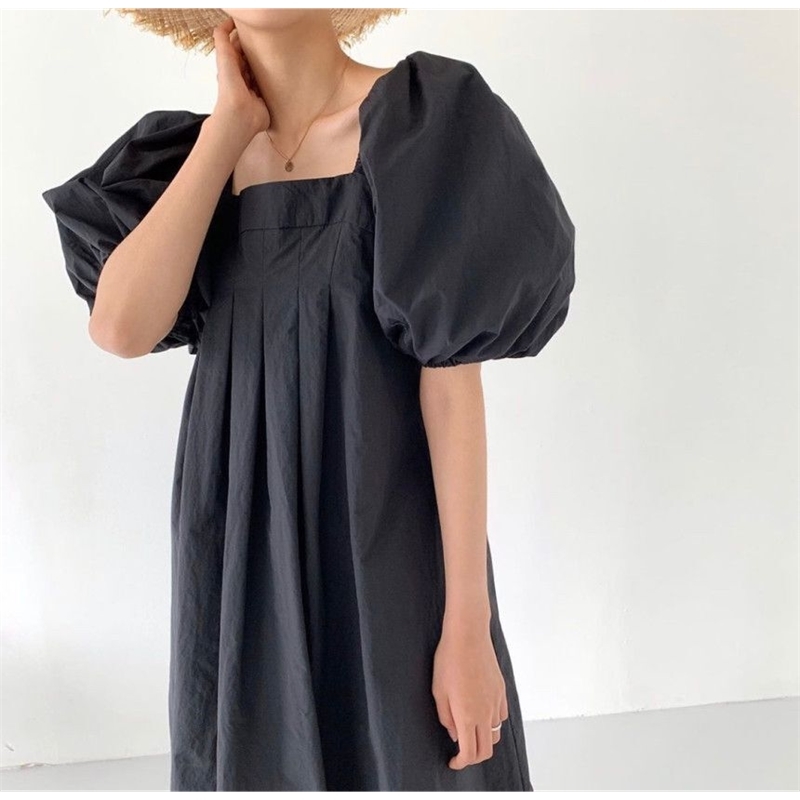 Fashion Women Summer Dress Oversize High Waist Lantern Sleeve Vintage Lady Loose Long Vestidos 210520