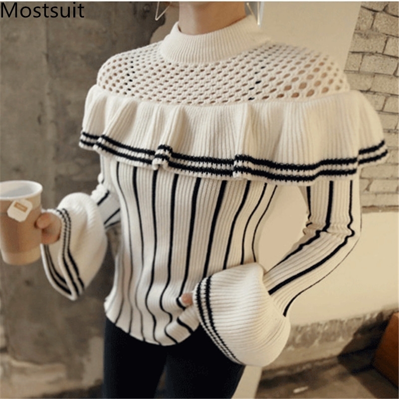 Spring Casual Korean Striped Ruffles Knitted Sweater Pullover Women Flare Sleeve O-neck Fashion Female Tops Sweaters 210518, Beige
Spring Casual Korean Striped Ruffles Knitted Sweater Pullover Women Flare Sleeve O-neck Fashion Female Tops Sweaters 210518, Beige