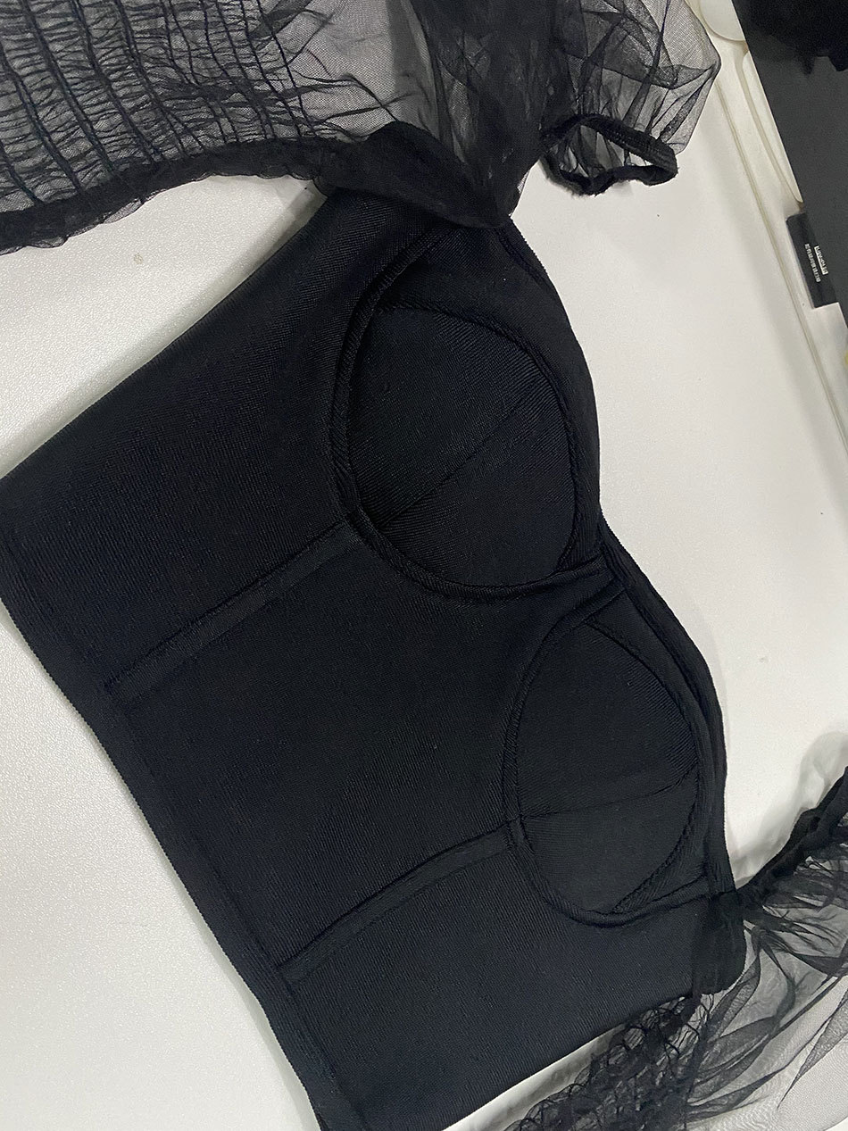 Free Sexy Shirt top Women's Black Mesh Bandage Fashion Slim Fit Solid Cut Elegant Bubble Long Sleeve Top 210524
