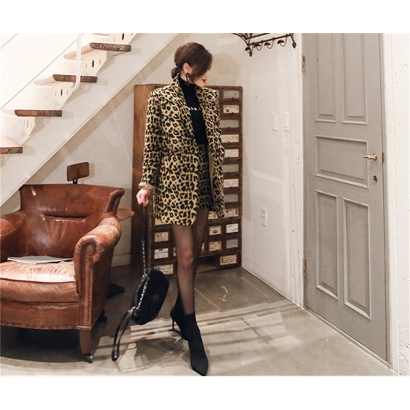 Fashion Leopard Print Office Blazer Outwear Mini Bodycon Skirt Two piece Set Women High Quality Wool Blend Suit Fall Winter 210519