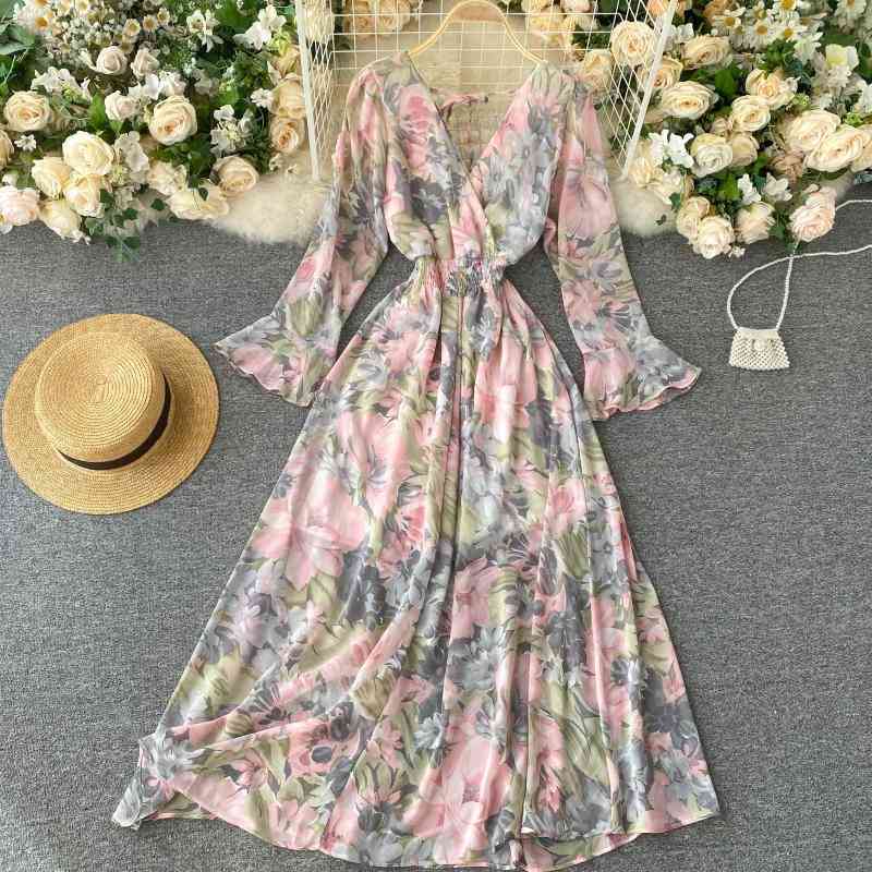 Women Sexy Boho Dress Spring Autumn Long Sleeve V Neck Backless Long Dresses Ladies Vintage Floral Printed Dress 210630