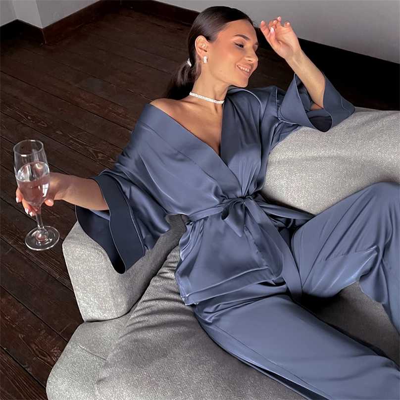 HECHAN Solid Women Robes With Sashes 2 Piece Set Wrist Sleep Tops Satin Pants Loose Pajamas Casual Sleepwear Female Home Suits 211118