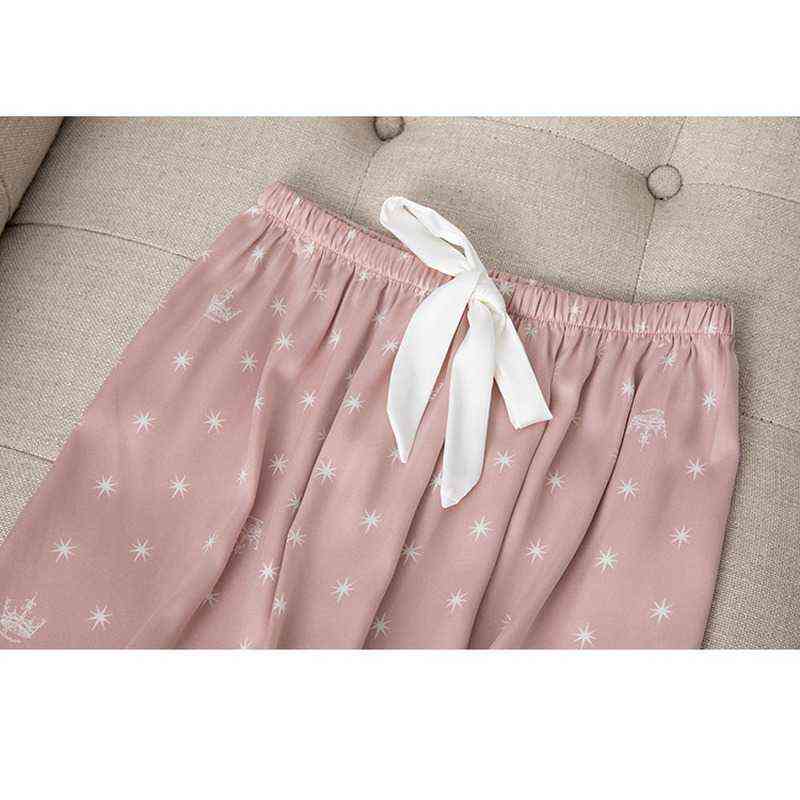 Home Clothes Women's Summer Two Piece Suit Pajamas Ice Silk Satin Thin Outwear Print Lace Pyjamas Sleep Wear Lounge Set 211112