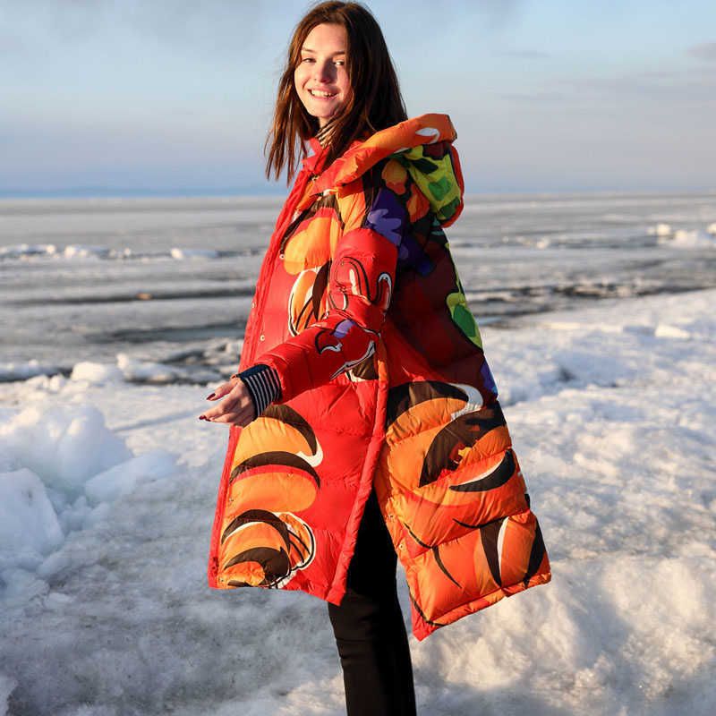 Printed Down Jacket Winter Casual Thick Asymmetrical Pockets Side Slit Hooded Coat Parkas 11890004 210527