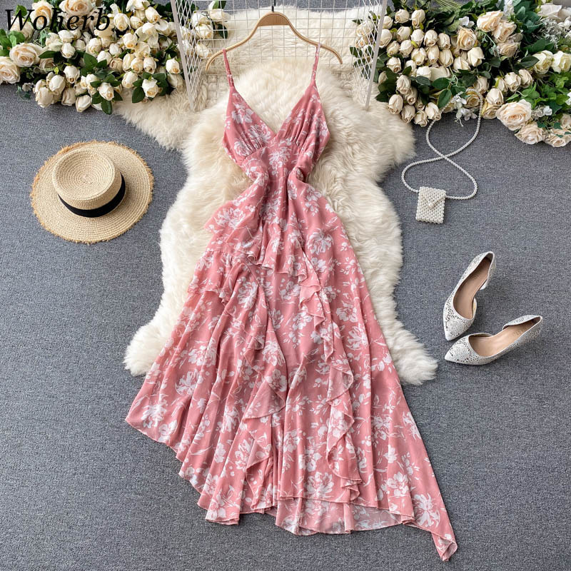 Fashion Women Chiffon Floral Dress Summer Sexy Spaghetti Strap Party Dresses Elegant Ladies Asymmetrical Robe Vestidos 210519