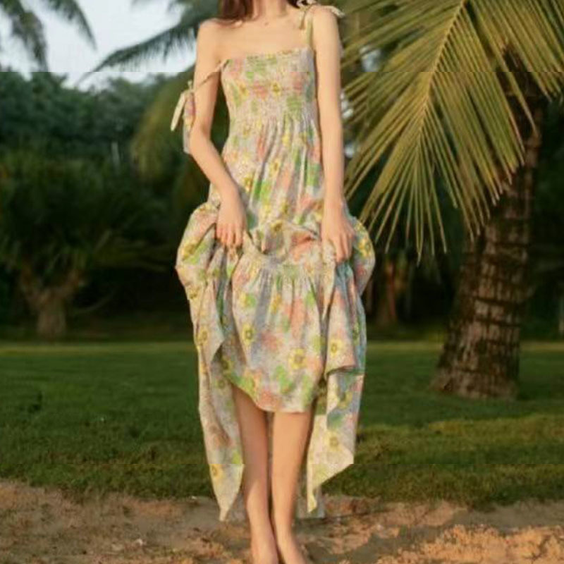 Summer French Elegant Spaghetti Strap Dress Women Floral Midi Dress Female Sweet Party Evening Beach Dress Korea 210521