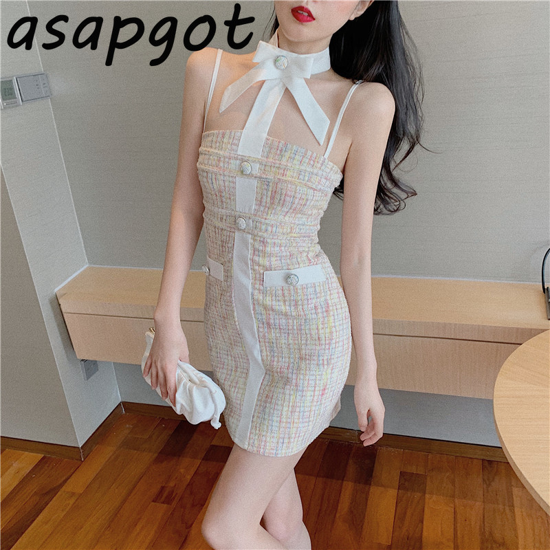Slim Lady Temperament Sexy Sleeveless Spaghetti Strap Halter Dress Mini Fashion Korean Chic Summer Vestido De Mujer Elegant 210429
