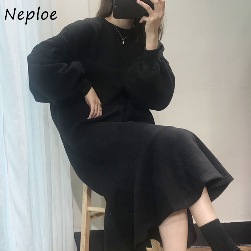 O-Neck Lantern Long Sleeve Pullover Warm Dress Women High Waist Hip Temperament Mermaid Vestidos Loose Robe Winter 210422Z