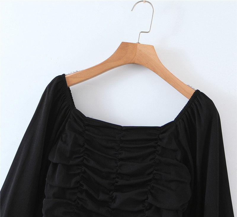 Spring Vintage Square Collar Simple Solid Pleated Elastic Slim Long Sleeve Short Blouse Crop Top Women 210514