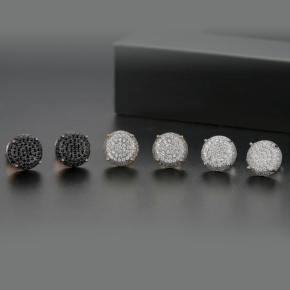 New fashion 10mm Round Cubic Zircon Stud Earring Hip Hop Jewelry Iced Bling AAA CZ Circl Black White Earring for Men Women Push-back Wholesale