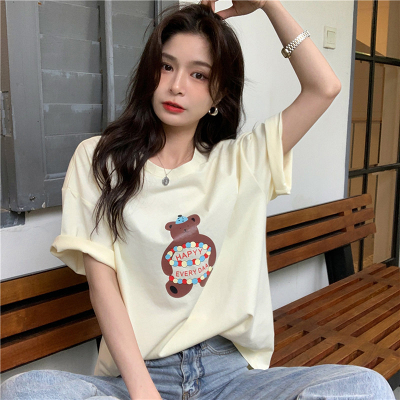 2colors Summer women tops korean style Cartoon Bear short sleeve t-shirts womens tee shirt femme (N0070) 210423