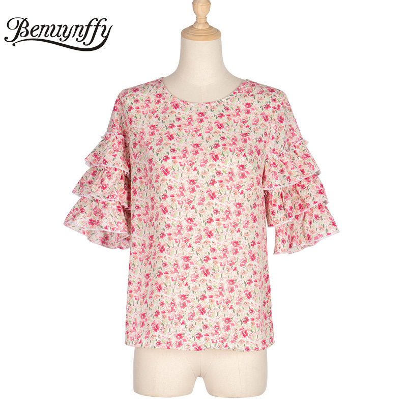 Layered Flare Sleeve O-Neck Summer Tops for Women Holiday Casual Floral Print Short Ladies Blouses Top 210510