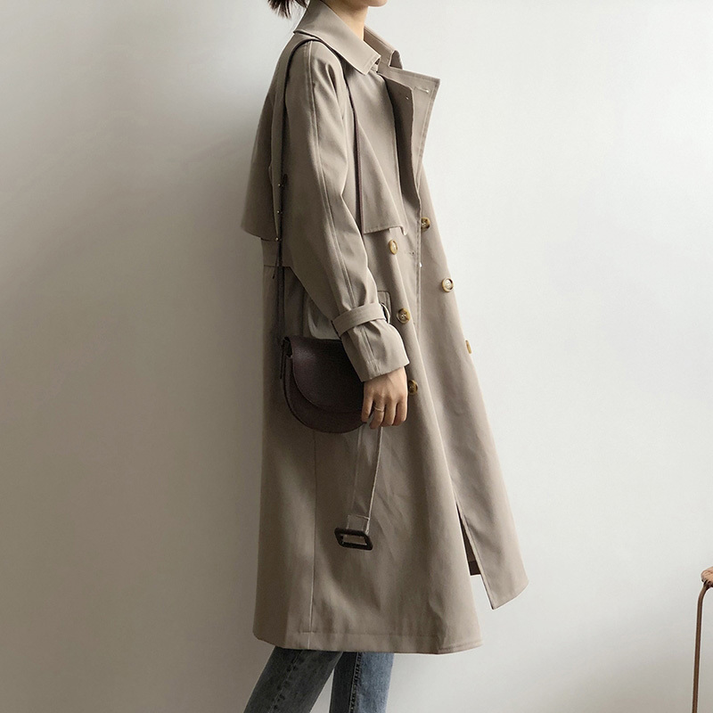Elegant Office Solid Long Trench Coat Women Batwing Sleeve Vintage Bandage Lady Double Breasted Windbreaker 210515