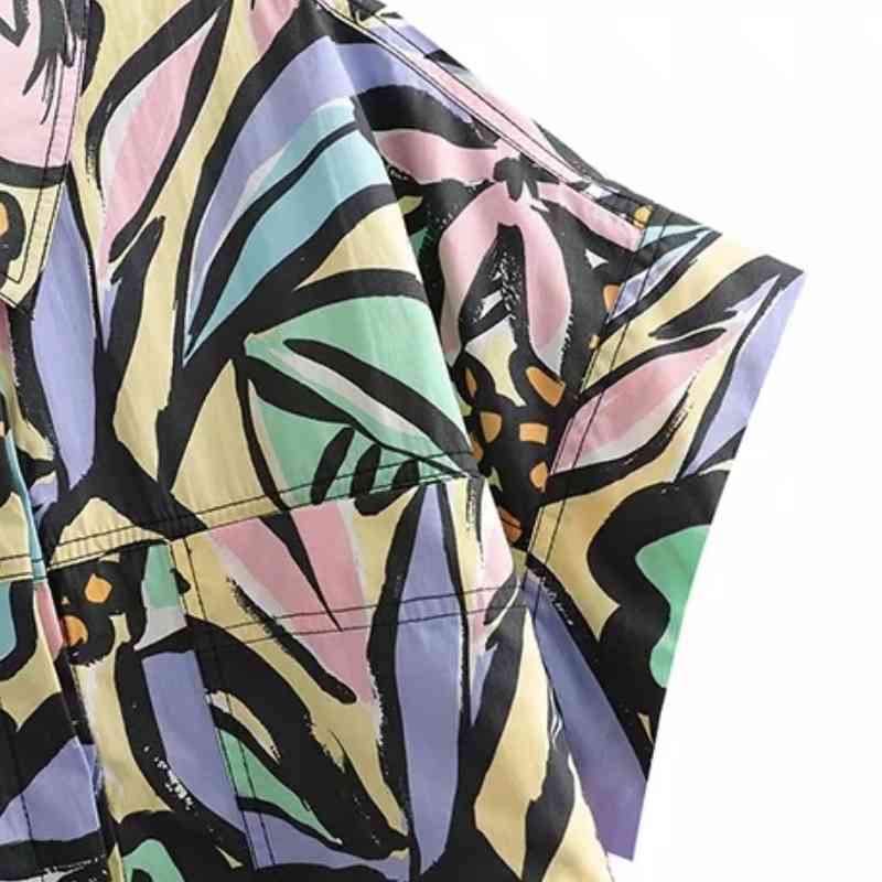 Summer Women Color Printing Patch Pocket Loose Blouse Female Short Sleeve Shirt Casual Lady Tops Blusas S8875 210430