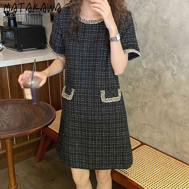 MATAKAWA Gold Silk Thread Woven Women Dress Plaid Loose Edging Robe Femme Short Sleeve Vestidos Elegant Round Neck Dresses 210513