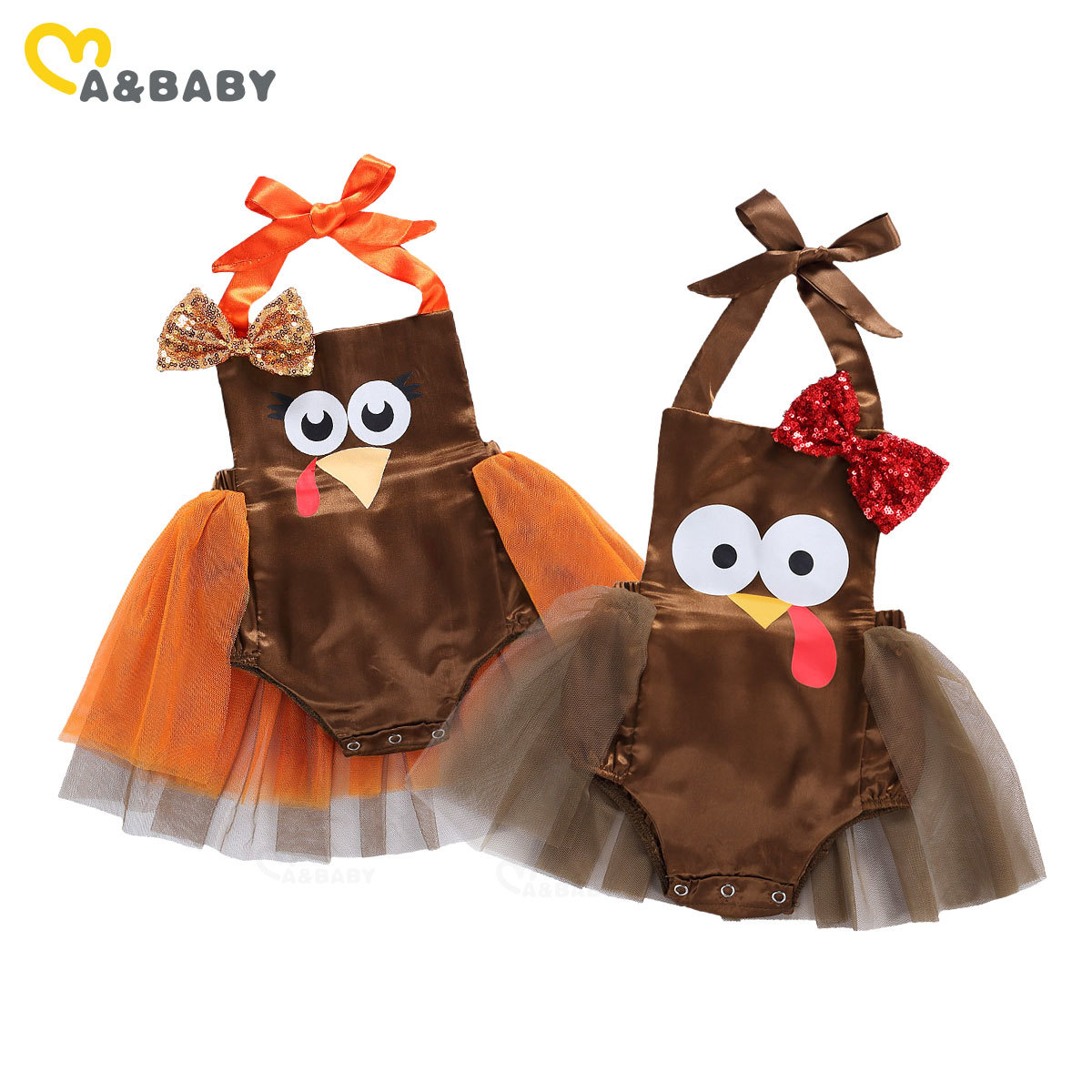 0-18M Thanksgiving Day Baby Girl Clothes born Infant Girls Sequins Tulle Romper Cartoon Turkey Party Jumpsuit 210515