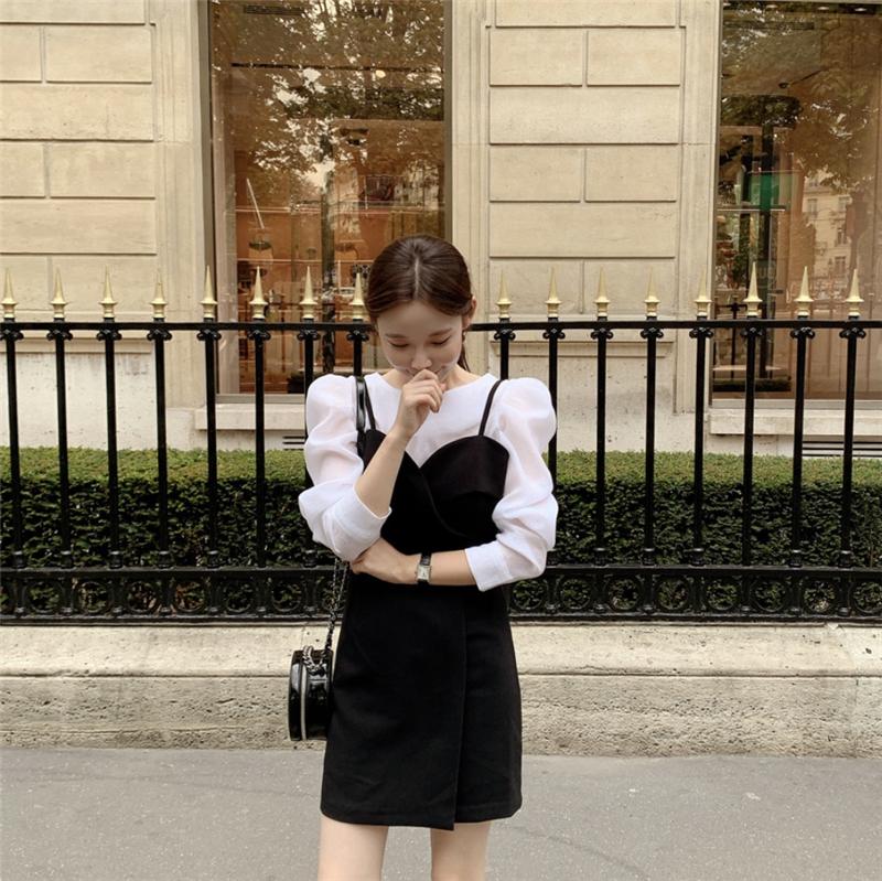 Two Piece Dress [EWQ] 2021 Spummer Thin Section Bubble Sleeve Shirt + Slim Black Wrapped Chest High Waist Suspender Suit Women QV178
