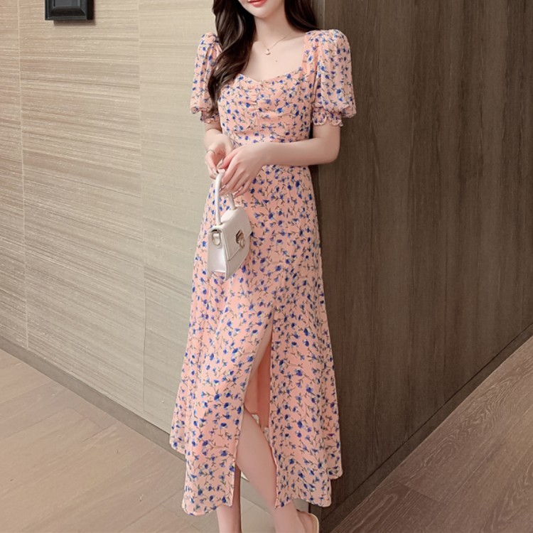 Korean Summer Elegant Women Square Collar Puff Sleeve Floral Chiffon Dress Vestidos Retro High Waist Slim Sexy Split 210519