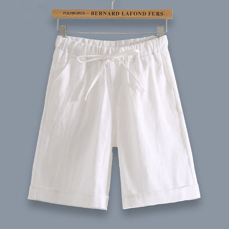 Summer Korea Fashion Women Knee Length Pants Plus Size Elastic Waist Loose Casual Straight Solid cotton linen D157 210512