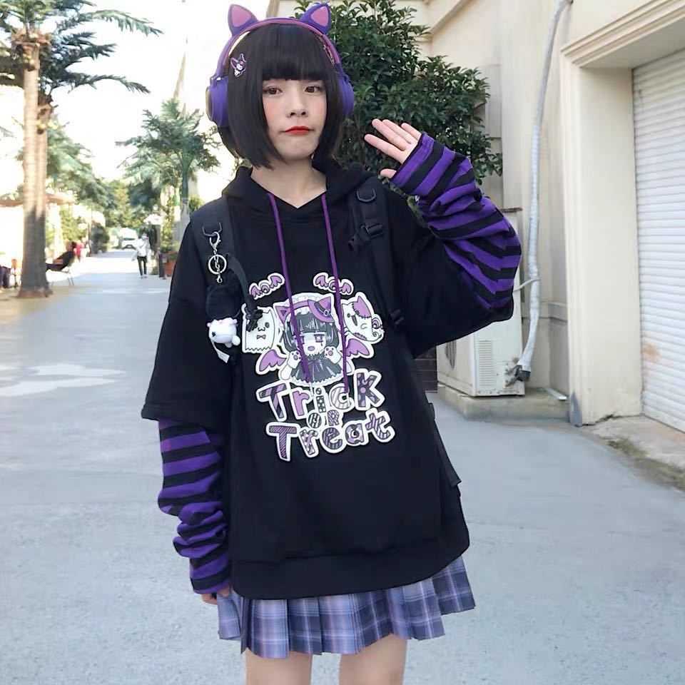 Japanese casual cartoon long sleeve anime hoodie hip hop harajuku kawaii autumn loose plus size vintage hooded sweatshirt 210910