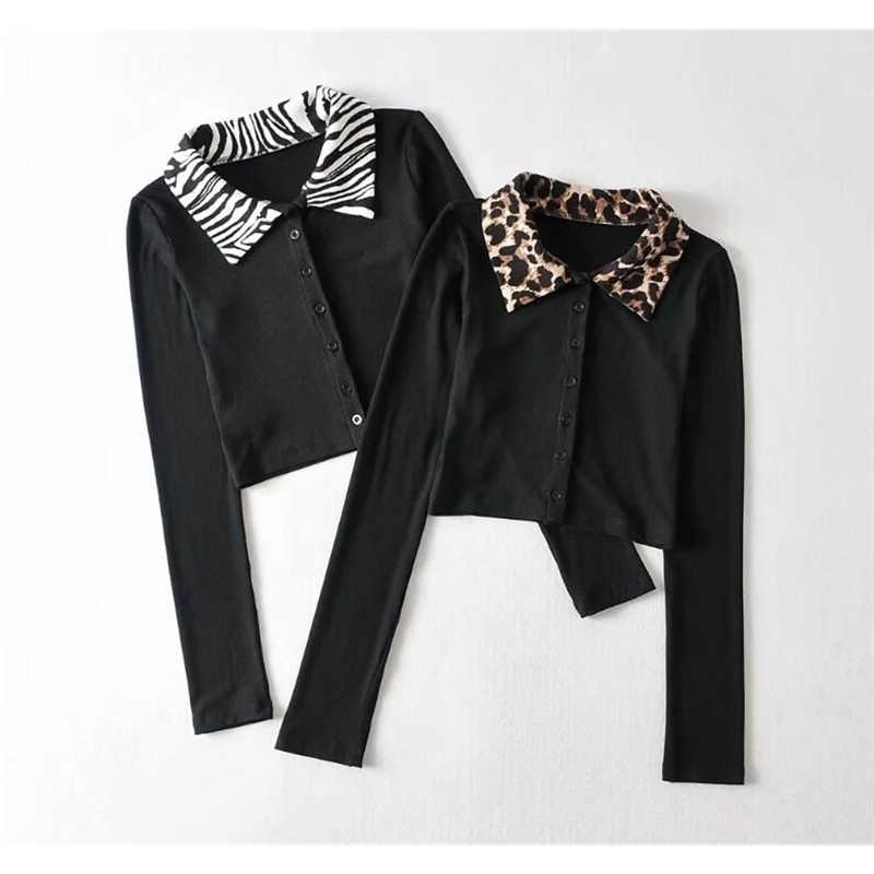Y2K Stylish Black Leopard Lapel Patchwork Cropped Long Sleeve T-shirt Crop Top Chic Woman Slim Fit t shirt Basic tee 210429