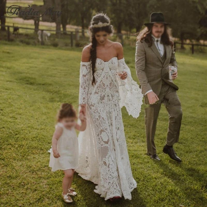 Crochet Lace Boho beach Wedding dress with Long Sleeve 2022 Off Shoulder Countryside Bohemian Celtic Hippie Bride Dresses Robe