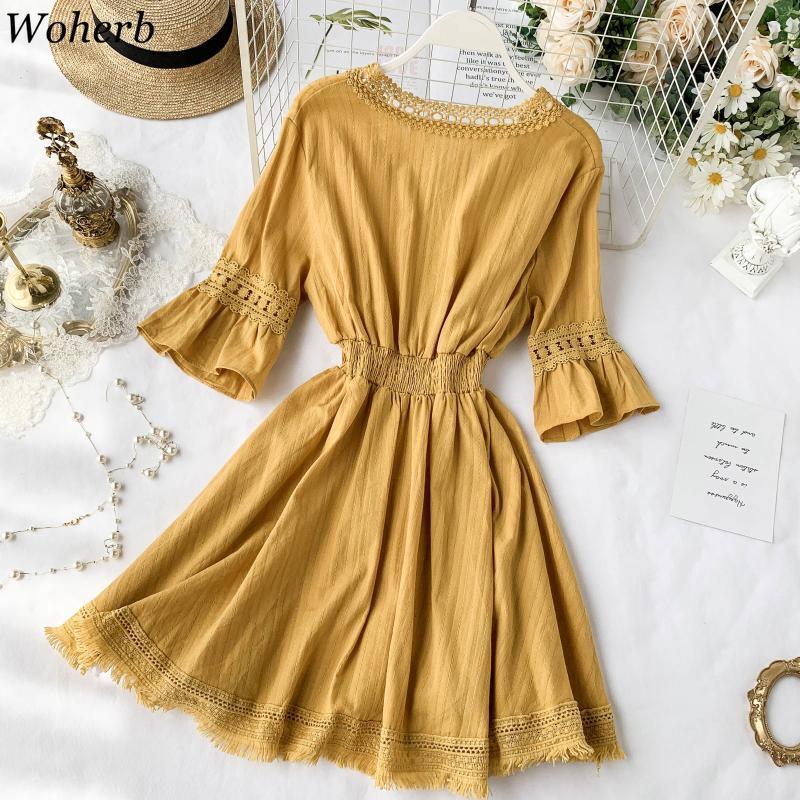 Woman Chic Dress Summer Vintage Hollow Out Tassel Dresses Elegant V-neck High Waist Short Sleeve Mini Boho Vestido 210519
