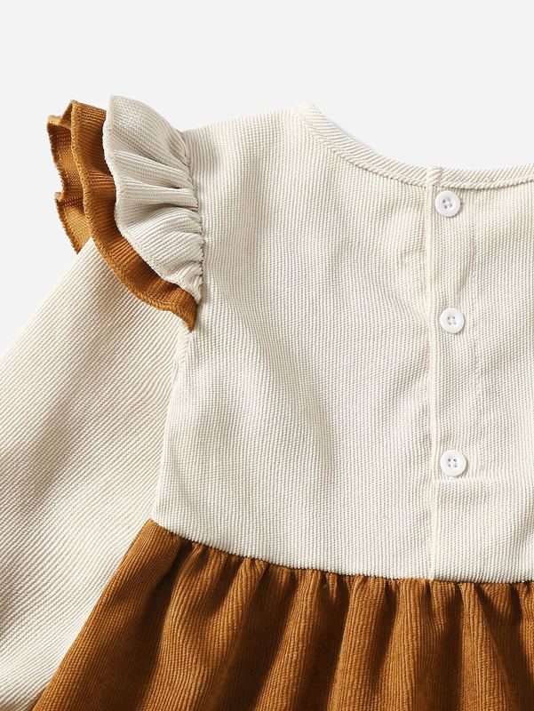 Toddler Girls Floral Print Ruffle Trim Corduroy Smock Dress SHE