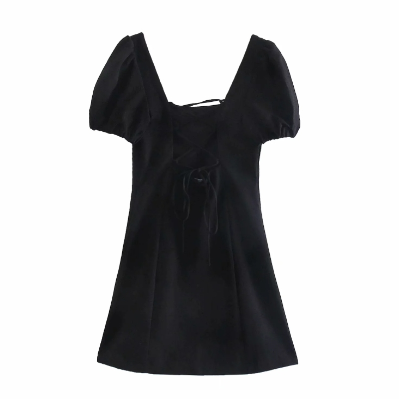Summer Women Backless Black Linen Mini Dress Female Puff Sleeve Clothes Casual Lady Slim Vestido D7736 210430Z