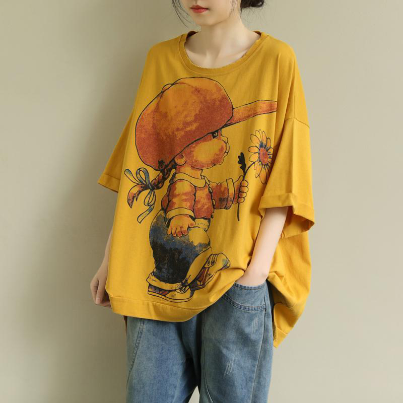 Summer Korea Fashion Women Short Sleeve Loose T-shirt Cartoon Print Casual O-neck Tee Shirt Femme Tops Big Size M16 210512