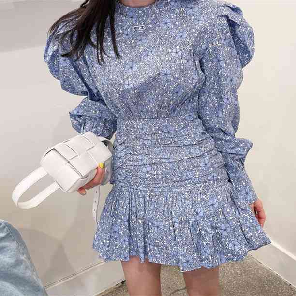 Retro Fashion Flower Print Women Casual O-Neck Puff Long Sleeve Dress Summer Ruffles Beach Short 210519