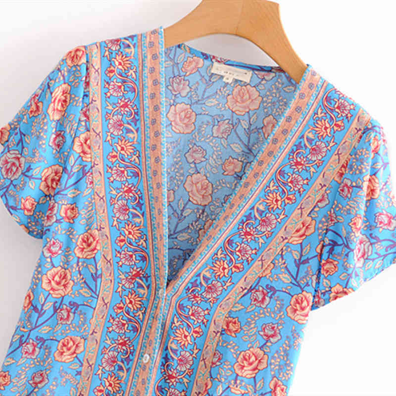 beauty Fashion Boho Style Rose Print Midi Dress Women Holiday Chic Short Sleeve Mini Dresses Vestido De Moda 210514