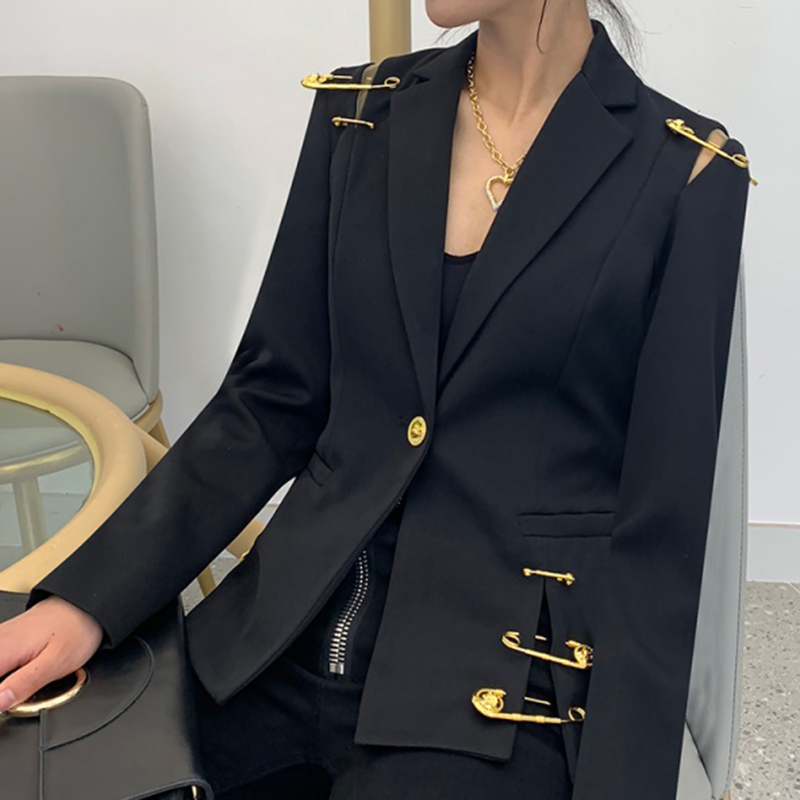VGH Hollow Out Blazer For Women Lapel Long Sleeve Golden Pins Accessories Split Slim Black Blazers Female Fashion New Style 210421