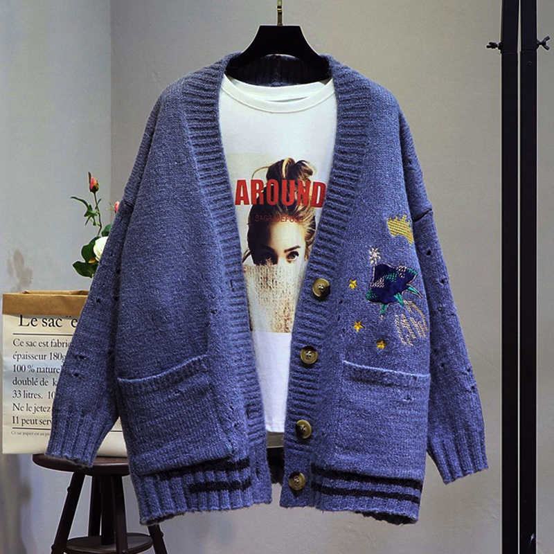 AZYT Women Autumn Winter Knitted Cardigan Cartoon Embroidery Oversize Sweater Coat Harajuku Loose Elegant V Neck Cardigans 211018