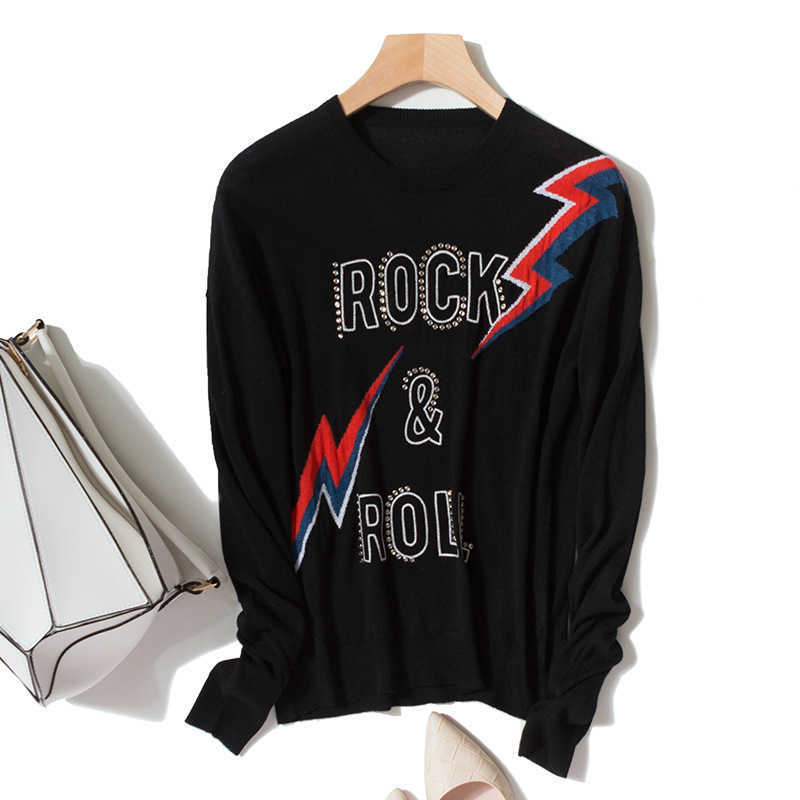 Beading Letter Graphic Sweater Women Autumn Winter Long Sleeve O Neck Black Pullover Casual Vintage Rock Sweaters Tops 210918