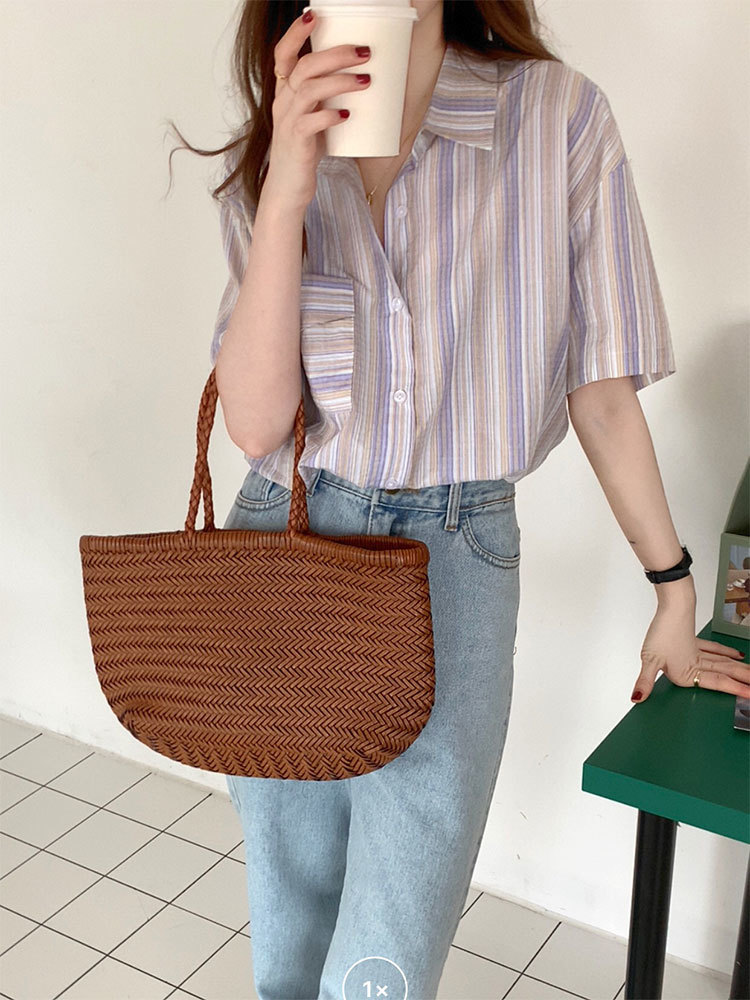 2Colors korean style stripe short sleeve blouse women Shirt Cardigan loose Cotton summer tops (x1927) 210423