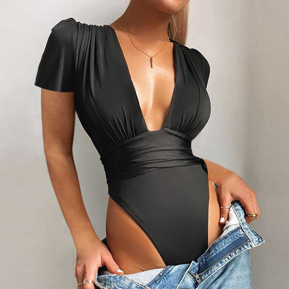 Summer Bodysuits Sexy Deep V-Neck Pleated Waist Tights Fashion Solid Color Black Jumpsuits Women Slim Short Sleeve Rompers 210526