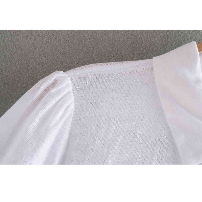 Women's Lapel Long-sleeve Linen Shirt with Bubble Sleeves Overlay Flared Loose Seams on The White Shirt Female 210507
