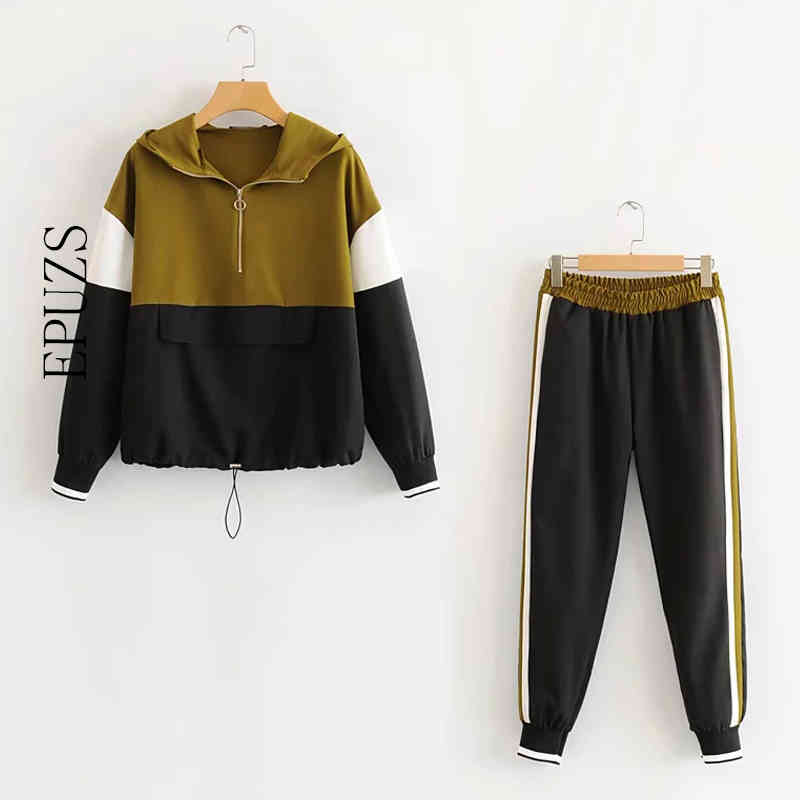 Winter hoodies Tracksuit women two piece set casual stripe hoodies+ high waist pants outfits 210521