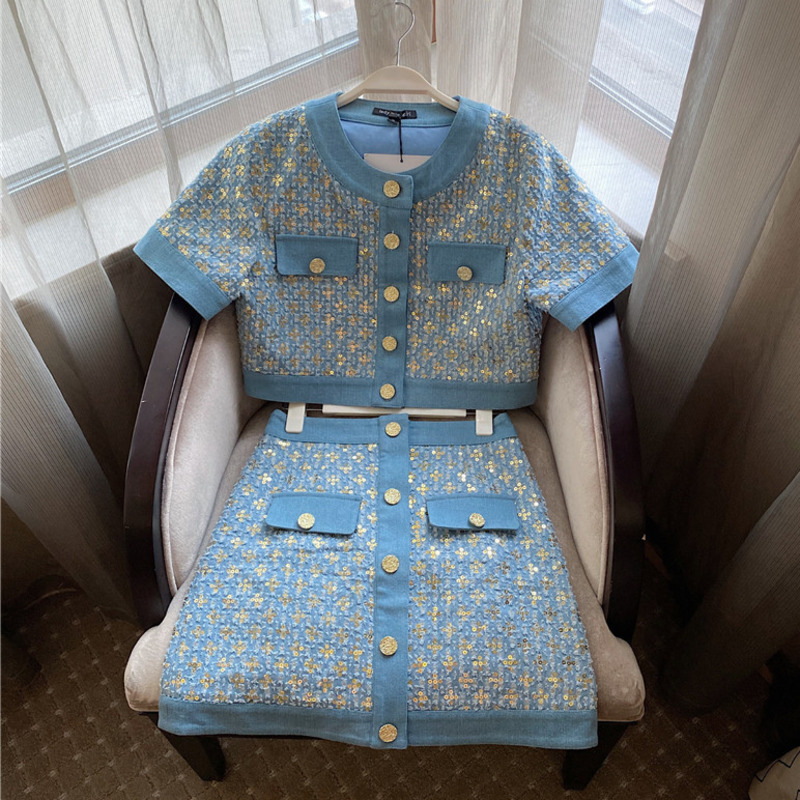 Double robe de haute qualité Petit parfum Summer Tweed Set Femmes Crop Top Veste Manteau + Cuisson de jupe Vintage paillettes 2 L1CV