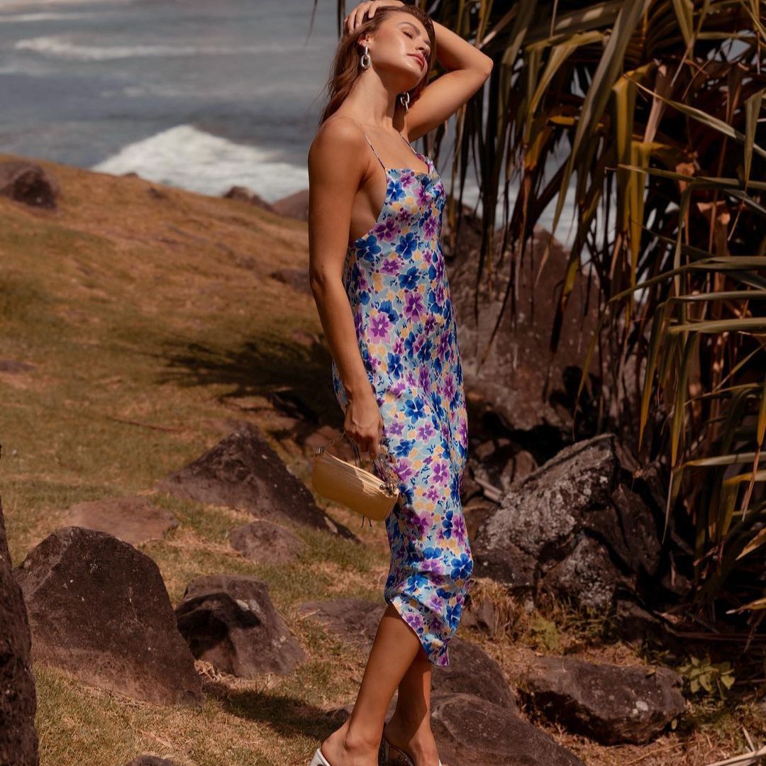 Foridol Sexy Backless Lace Up Summer Boho Dress Women Drap Neck Maxi Beach Dress Sleeveless Floral Print Purple Dress 210415