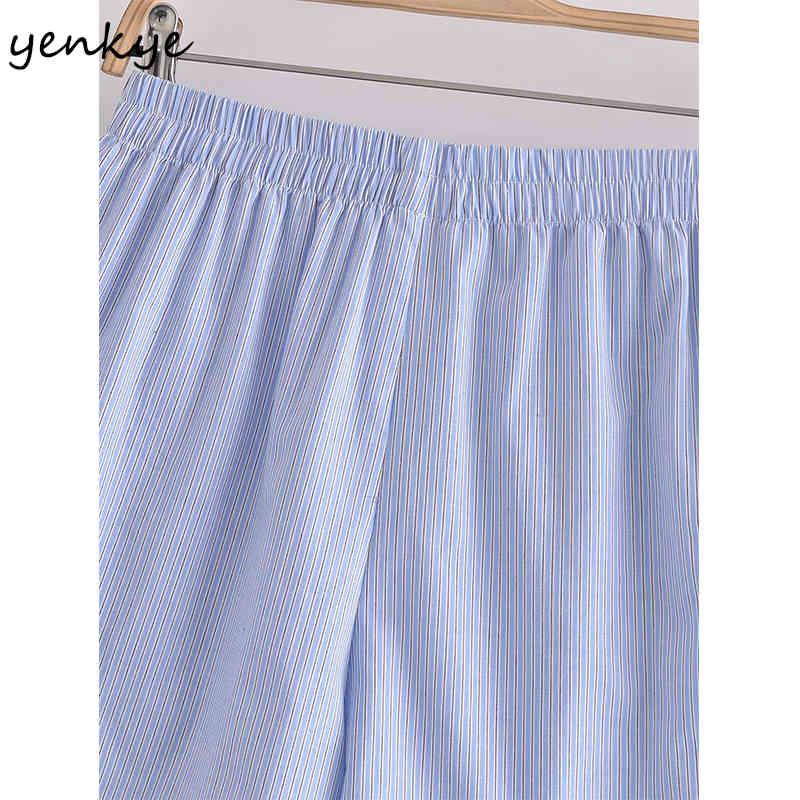 Light Blue Striped Shorts Women Elastic High Waist Casual Short Femme Summer pantalones cortos de mujer 210430