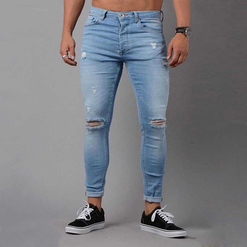 NIBESSER Fashion Casual Mens Skinny Stretch Denim Pants Distressed Ripped Freyed Slim Fit Jeans Trousers For Male Pants 211009
