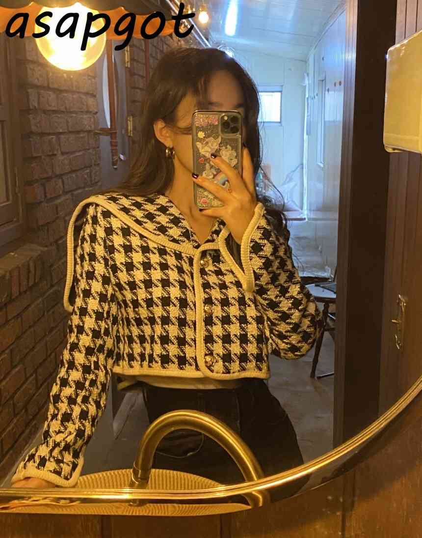 Coats & Jackets Women's Clothing Chic Korean Vintage Long Sleeve Black White Contrast Color Sailor Collar Plaid Jacket Short 210429