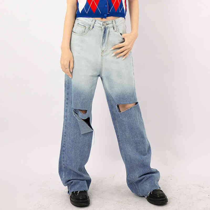 Streetwear Gradient Color Jeans Women's Summer High Waist Hole Loose Straight Denim Pants Female Tide 5E312 210427
