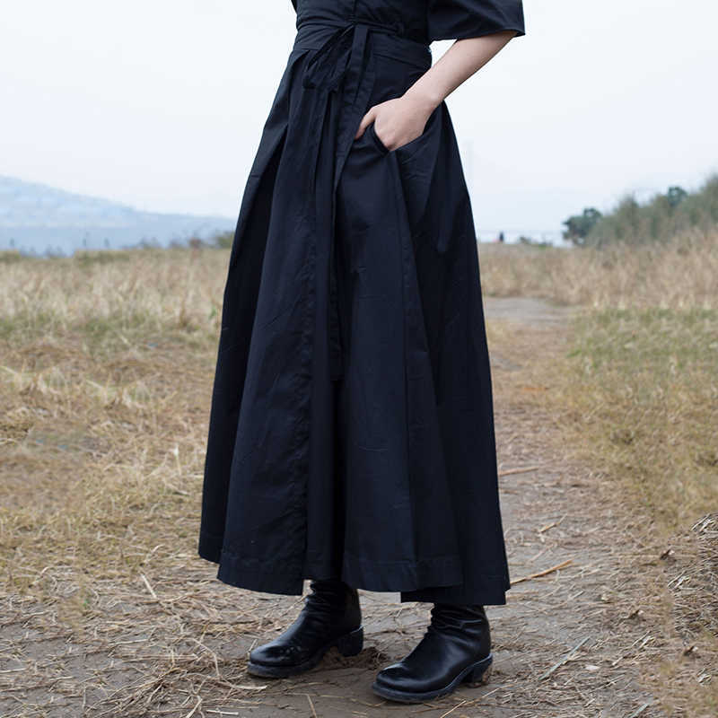 [EAM] Spring Summer High Waist Banadahe Black Pleated Split Joint Big Hemline Half-body Skirt Women Fashion JR478 210621