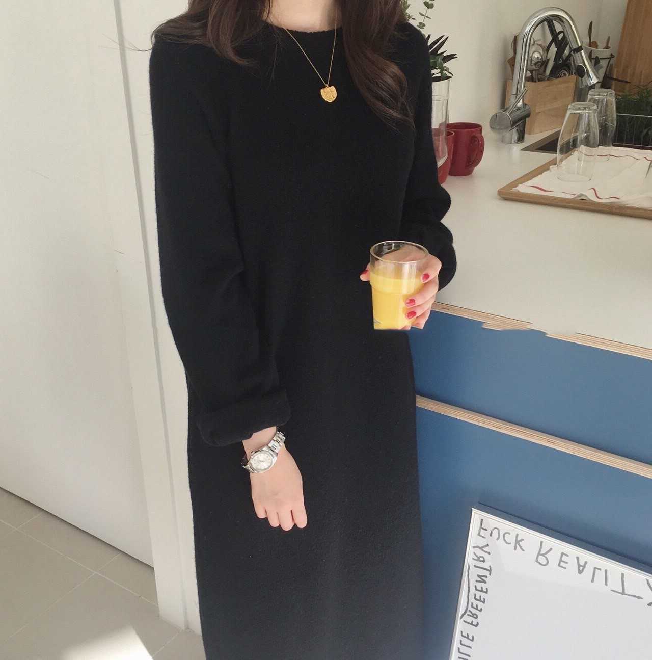 Knitted Dresses for Women Crew-Neck Long Sleeve Korean Style Fall Mid-Length Dress Female Loose Casual Pullover Kobieta Sukienka 210604